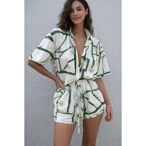 Commense Matching Set Green Abstract‎ Print Button Down Shirt &Drawstring Shorts